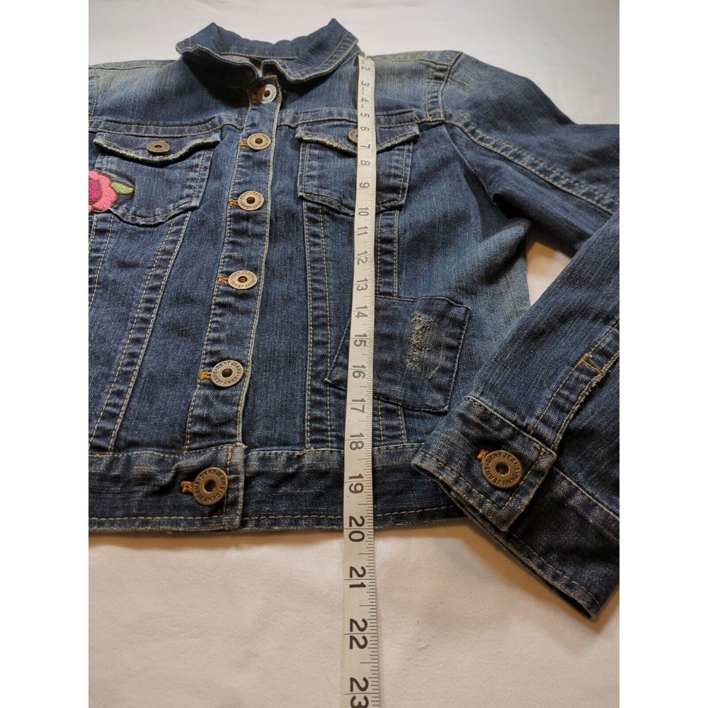 DKNY Juniors Jacket Blue Denim Collared Buttons Patches And Heart Logo Size L - Picture 5 of 16